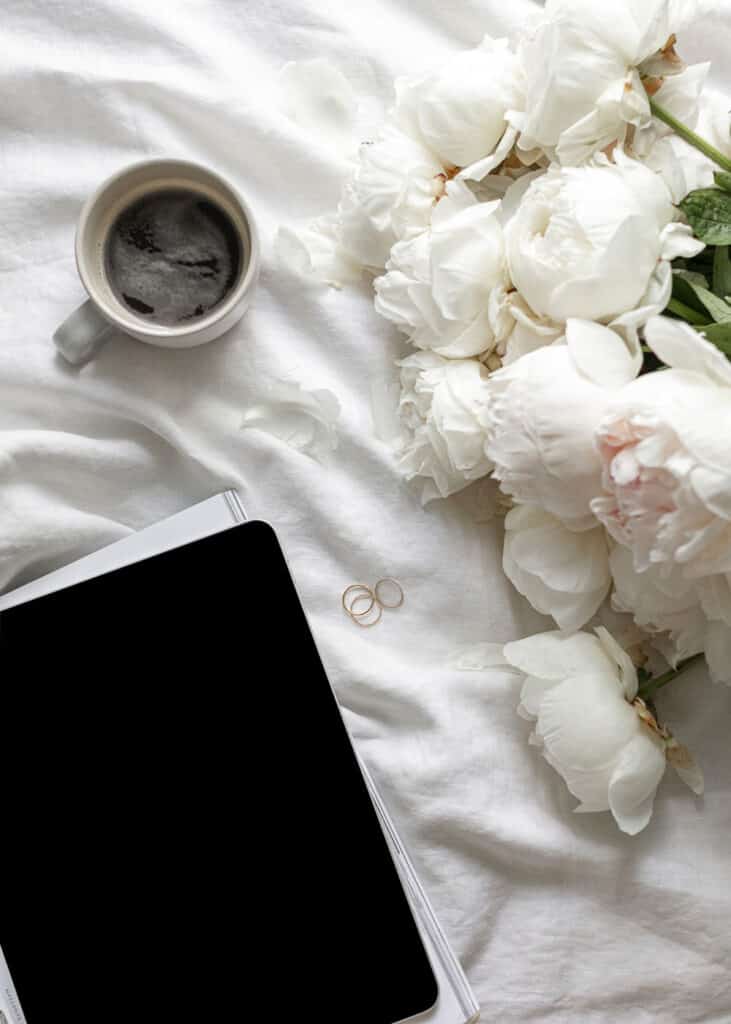 flowers, coffee and ipad to looks up how to do seo yourself