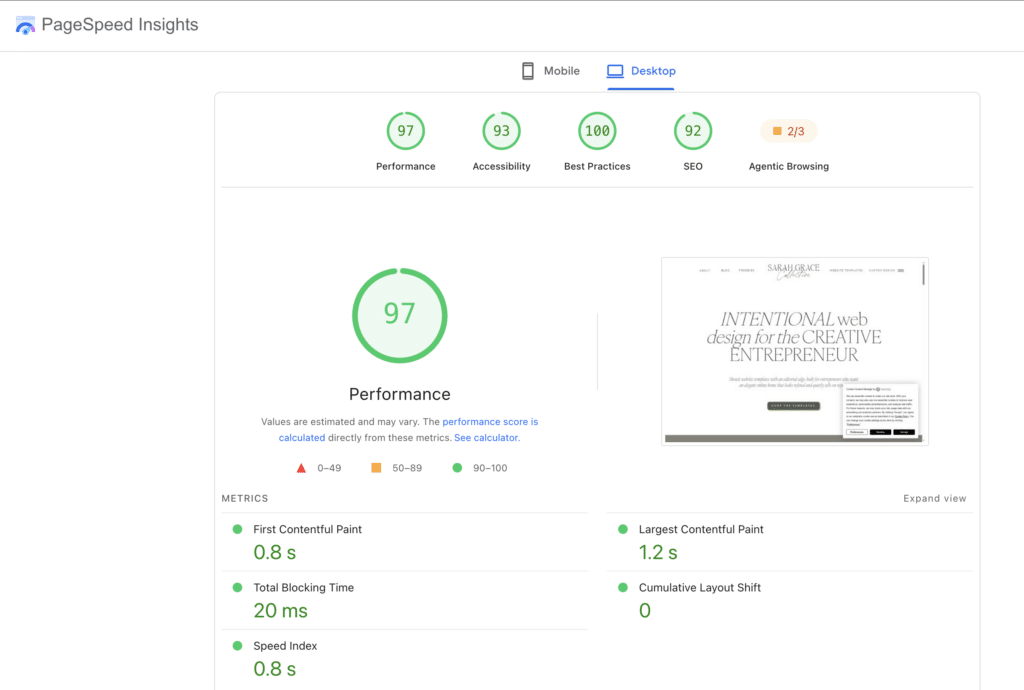 screenshot of site speed, a common wesbite design mistake